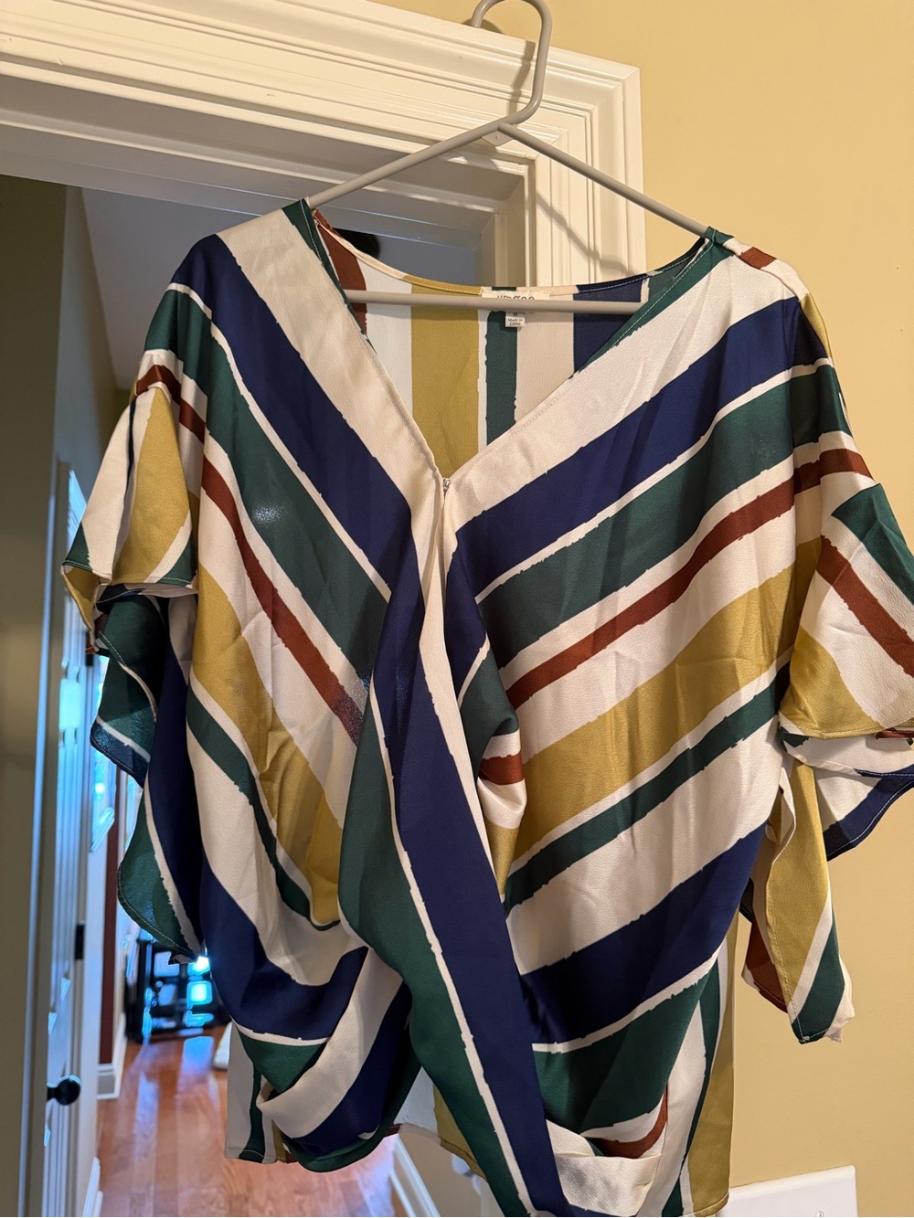 Umgee Striped V-Neck Flutter Sleeve Top in Blue, Green, Mustard, White, Brown